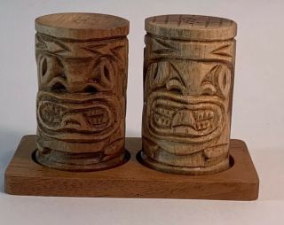 Vintage Carved Wood Wooden Tiki Totem Pole Salt & Pepper Shakers Set 3” Tall