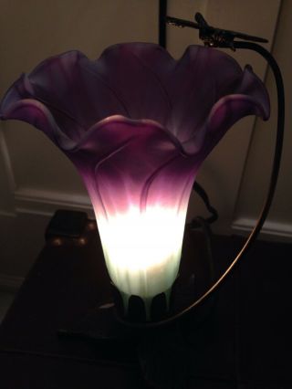 Tiffany Style Green Purple Lily Shade Lamp Night Light Metal With Dragonfly 8 "
