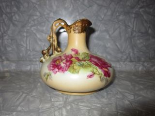 Vintage Porcelain Pitcher / Ewer Hand Painted Roses W/ Gold Trim Marked Austria,