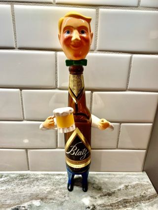 1959 (vtg) Blatz Beer Bottle Man Back Bar Figure Statue Sign With Flag Milwaukee