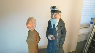 Vtg Hand Carved & Painted Wood Sailor Captain And Wife Nautical Human Figurines