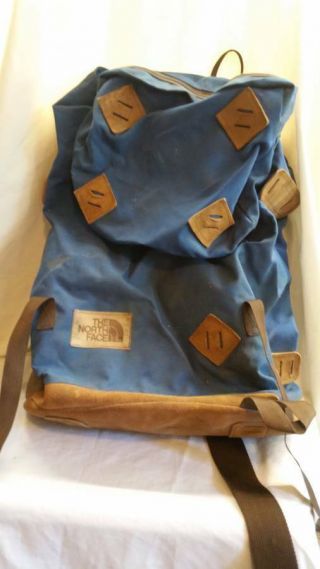 Vintage The North Face Leather Bottom Blue Hiking Backpack
