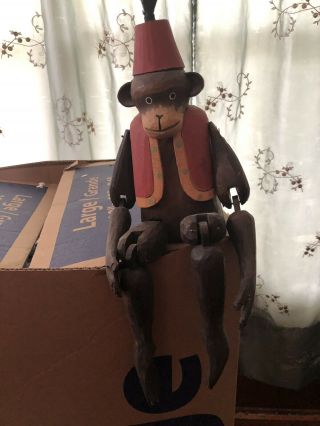 Vintage Wooden Hand Carved Bellboy Organ Grinder Monkey Shelf Sitter Creepy Cool