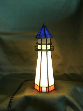 Tiffany Style Stained Glass Night Light Lighthouse Desk Lamp House Leaded 10” A7