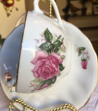 Vintage Tea Cup And Saucer White With Big Pink Rose