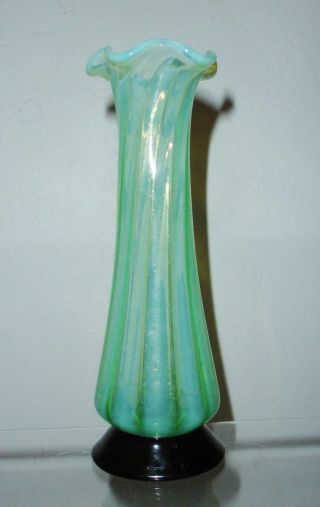 Green Opalescent Stripe Art Glass Vase