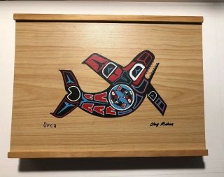 Native American Orca Art By Chris Mahan Pine Wood Trinket Box W/ Sliding Lid
