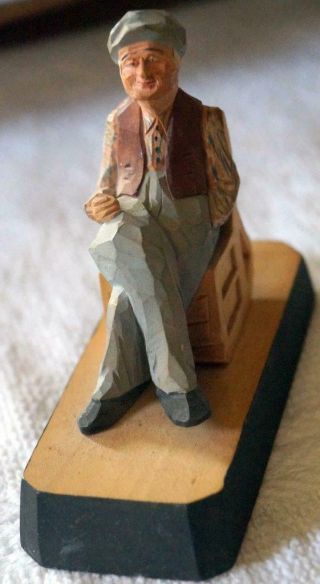Agnes Dube Quebec 1972 Hand Carved Painted Wood Man On Rocking Chairs 4 " Long