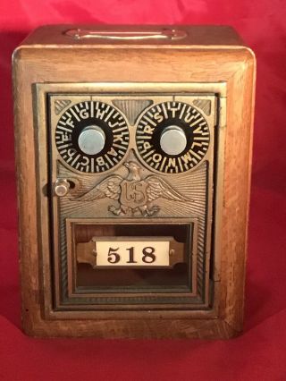 Vintage Post Office Door Mail Box Postal Bank Double Dial Eagle Wood Oak Brass
