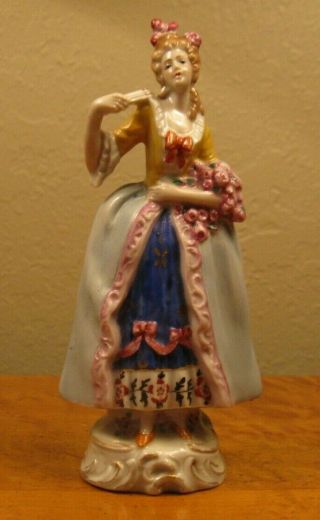 Antique Sitzendorf Porcelain Hand Painted & Lady Figurine With Flowers And Fan