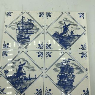 Mettlach Dutch Holland Ceramic Tile Sailing Ships Windmill Decorative Germany