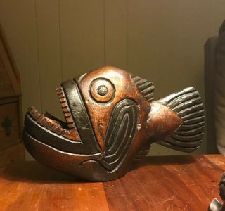 Vintage Primitive Folk Art Wood Carved Fish Statue