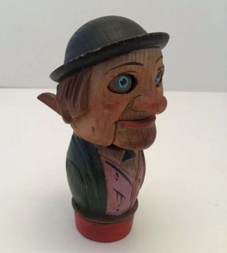 Vintage wood carving Man ' s Head Bottle Cork Stopper Movable Mouth &Eyes Folk Art 2