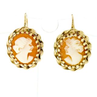 Vintage 14k Yellow Gold Oval Carved Shell Cameo Twisted Wire Drop Dangle Earring