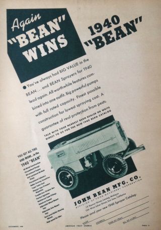1939 Ad.  (xc7) John Bean Mfg.  Co.  Bean Orchard Sprayers For 1940