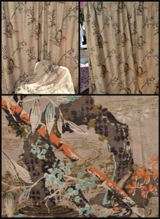 Pair Vintage Mid - Century Mcm Lined Drapes Curtains Barkcloth Or Silk Textured