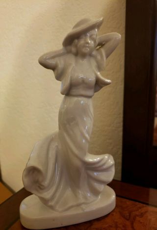 Art Deco Lady Statue Figurine White Pottery Porcelain Twirling Dress Woman Vtg