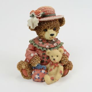 Resin Teddy Bear Figurine Holding Small Teddy Bear Little Girl Pink Dress & Hat