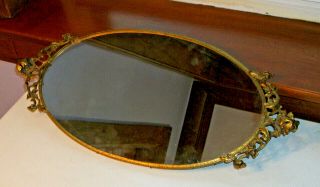 Large Oval French Rococo Mirror Vanity Tray With Brass Handles Ca.  1920s - 1950s