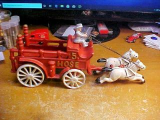 Vintage Cast Iron Two Horse Drawn Fire Wagon 5 Hose Wagon With Driver