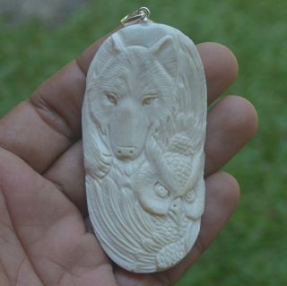 Wolf Owl Carving 75x39mm Pendant P4015 W Silver In Buffalo Bone Carved