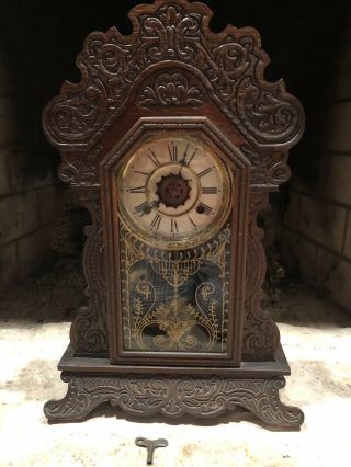 Antique Waterbury " Festus " Oak Kitchen Shelf Clock With Alarm For Repair