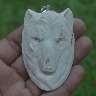 Wolf Head Carving 66x43mm Pendant P3688 W/ Silver In Antler Hand Carved
