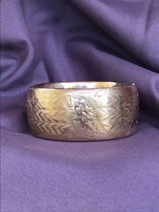 Antique Victorian Signed F.  M.  Co.  Gold Filled Etched Hinged Bangle Bracelet Wide