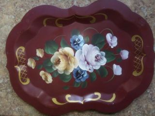 Vintage Red,  Gold & Blue Hand Painted Tole Metal Tray W/roses 14 " X 11 "