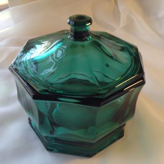 Candy Dish Bowl With Lid Blue Green Teal Octagon Vintage Indiana Heavy Glass