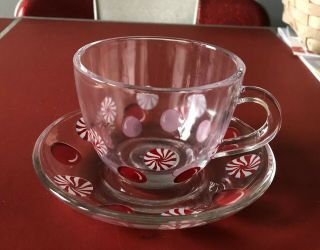 Starbucks Christmas Clear Glass Cup And Saucer,  Peppermint Candy Design