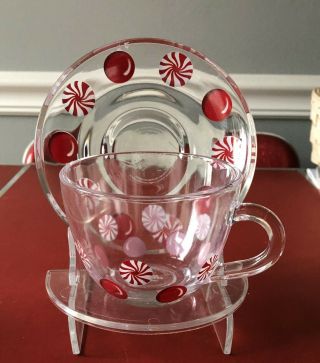 STARBUCKS Christmas Clear Glass Cup and Saucer,  Peppermint Candy Design 2
