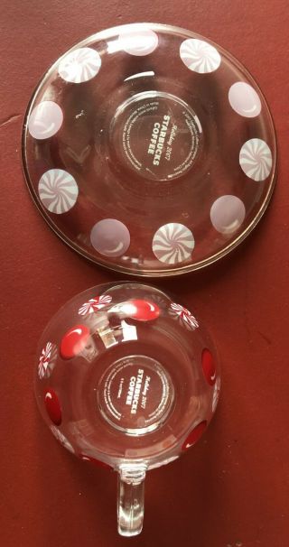 STARBUCKS Christmas Clear Glass Cup and Saucer,  Peppermint Candy Design 3