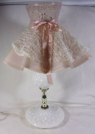 Vintage 1940s Basket Weave Milk Glass Table Lamp W - Pink Plastic Lace Shade
