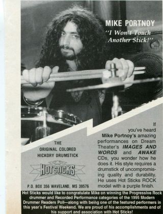 1995 Small Print Ad Of Hot Sticks Drumsticks W Mike Portnoy Of Dream Theater