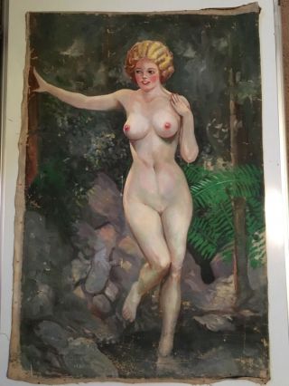 Signed Vintage 1936 Oil Painting Nude Pin Up Girl One Of A Kind