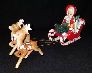 Vintage Lefton Girl On Cane Sleigh Pulled By 2 Reindeer 1956 Figure With Sticker
