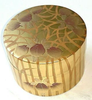Japanese Antique Lacquer Ware Round Box With Gilt Floral Decoration