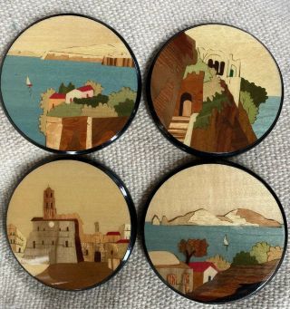 Set Of 4 Hand Crafted Wood Inlay Coasters California Missions Vintage Marquetry