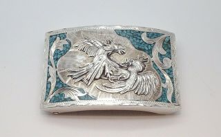 Vtg.  Mexico Lg Sterling Silver Turquoise Inlay Fighting Cocks Etched Belt Buckle