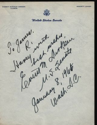 Everett Mckinley Dirksen Hand Signed Autographed Letter W/coa - Illinois Senator