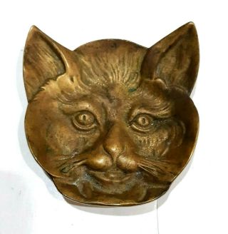 Antique Vintage Brass Or Bronze Cat Face Footed Trinket Dish Ashtray Coin Holder