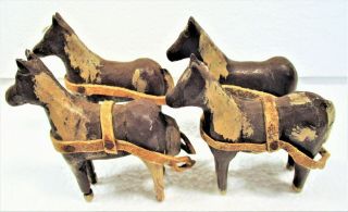 4 Old Vintage Whittled - Carved Toy Horses,  Folk Art,  Leather Straps & Paint Nm