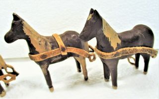4 OLD VINTAGE WHITTLED - CARVED TOY HORSES,  FOLK ART,  LEATHER STRAPS & PAINT NM 2