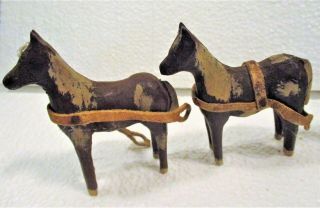 4 OLD VINTAGE WHITTLED - CARVED TOY HORSES,  FOLK ART,  LEATHER STRAPS & PAINT NM 3