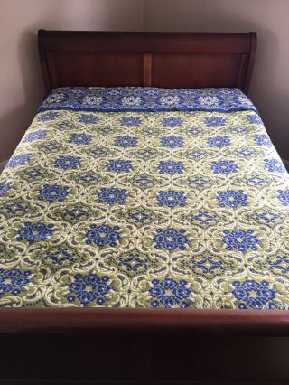 Vintage Bedspread Full Size Blue Green Fringed Floral Reversible Heavy