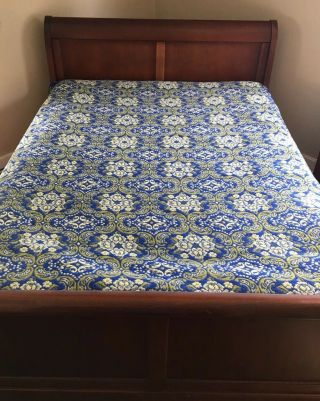 Vintage Bedspread Full Size Blue Green Fringed Floral Reversible Heavy 2