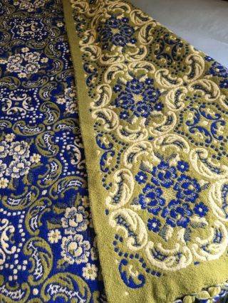 Vintage Bedspread Full Size Blue Green Fringed Floral Reversible Heavy 3
