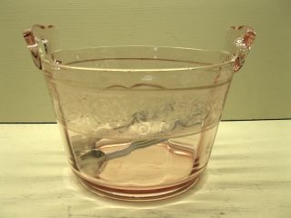 Vintage Pink Depression Glass Ice Bucket W/ Glass Handles Metal Tongs