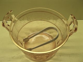 Vintage Pink Depression Glass Ice Bucket w/ Glass Handles Metal Tongs 2